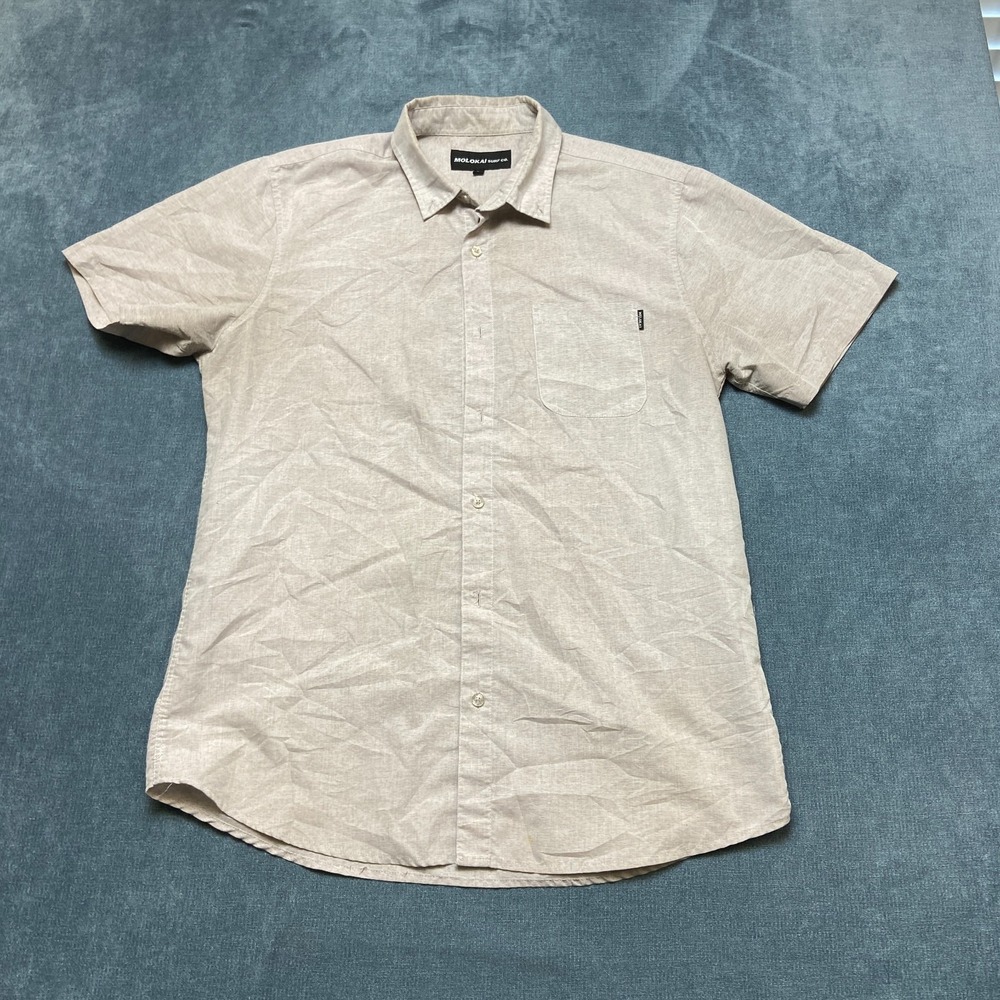 Molokai Surf Co. Shirt Mens Large Beige Cotton Round Hem Short Sleeve Button Up